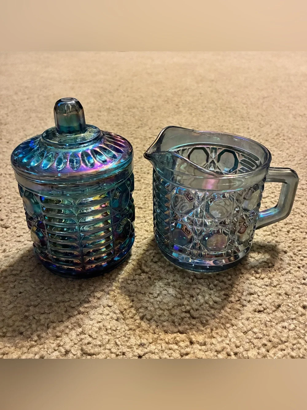 Vintage Iridescent Blue Indiana Carnival Windsor Glass Creamer & Sugar Bowl Set